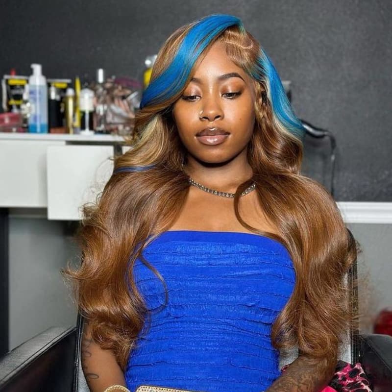 SWAY Brown With Blue Skunk Stripe HD Lace Front Virgin Human Hair Wigs