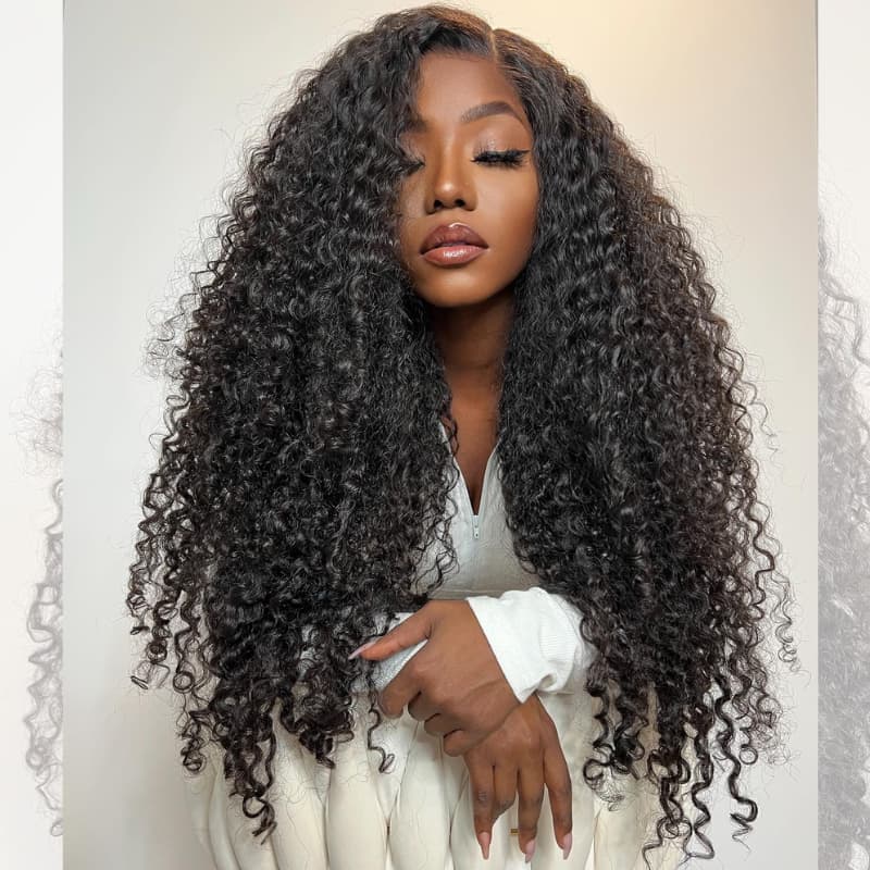 Peluca de cabello humano virgen con ondas profundas y rizadas de 13x4 pulgadas, transparente y con encaje frontal SWAY