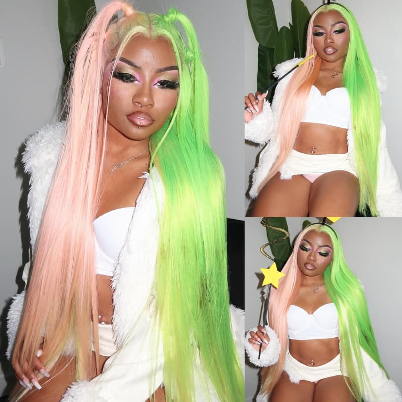 SWAY Half Pink Half Green Split Dye Bone Straight Remy Human Hair Wigs