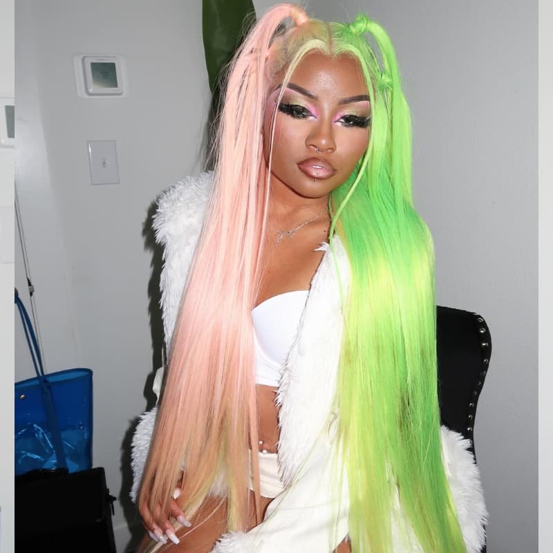 SWAY Half Pink Half Green Split Dye Bone Straight Remy Human Hair Wigs
