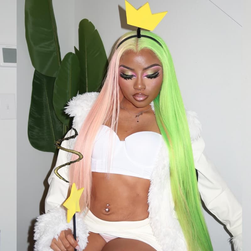 SWAY Half Pink Half Green Split Dye Bone Straight Remy Human Hair Wigs