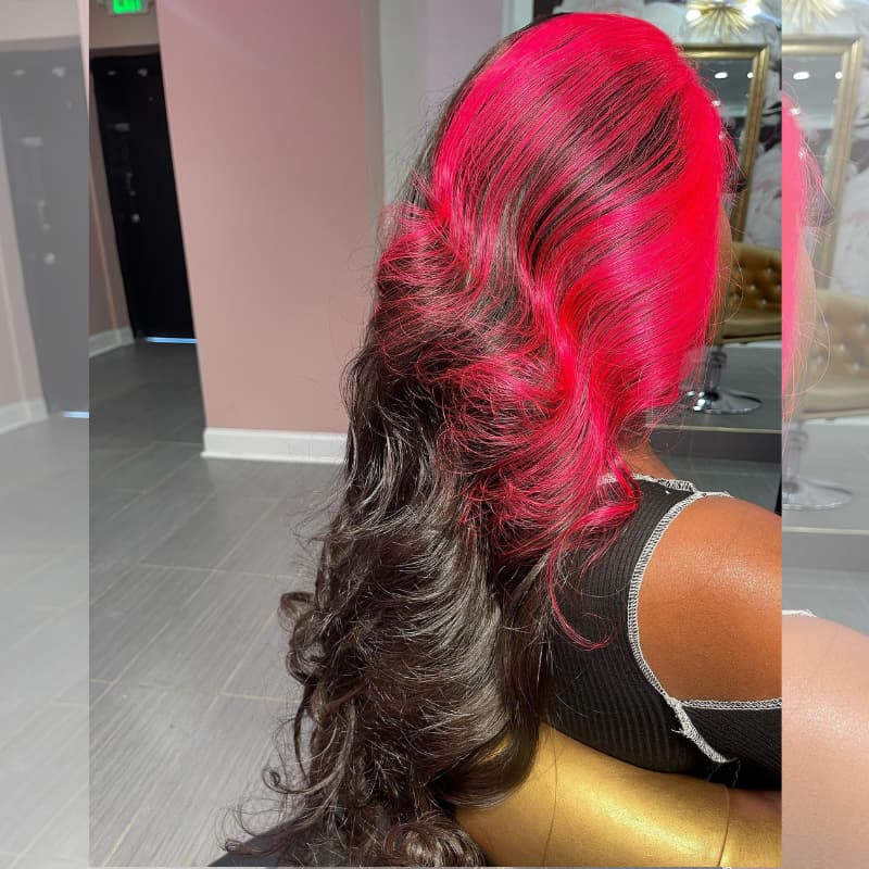 SWAY Halloween Cosplay Pink Red Skunk Stripe Highlights 13x4 Lace Front Human Hair Wigs
