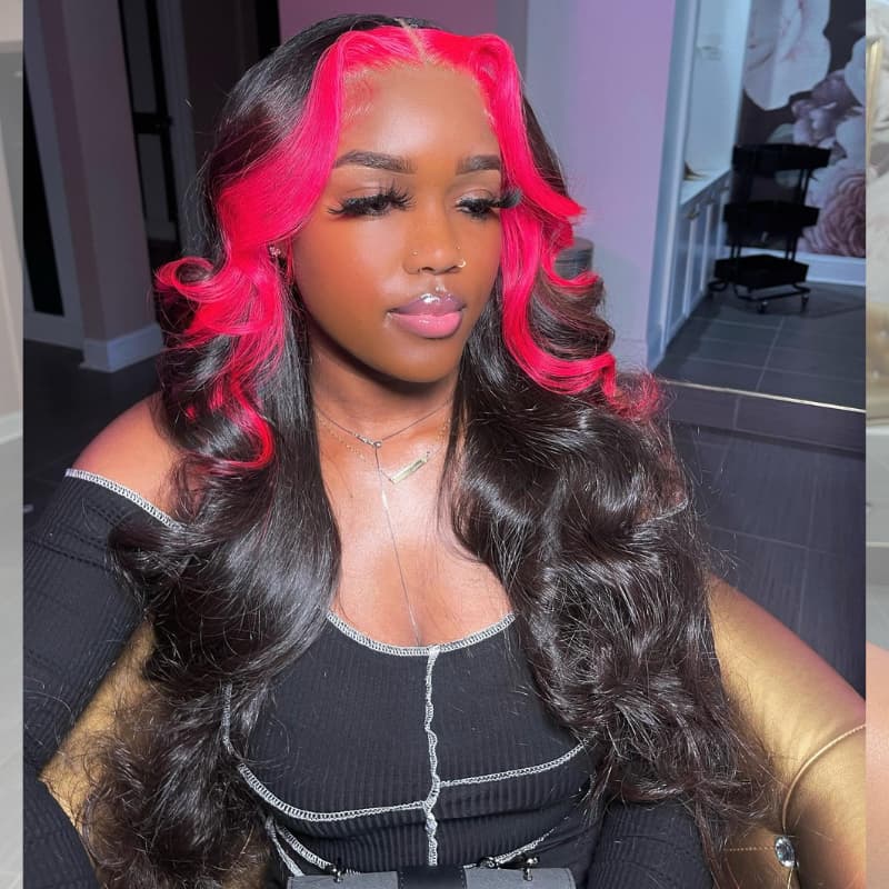 SWAY Halloween Cosplay Pink Red Skunk Stripe Highlights 13x4 Lace Front Human Hair Wigs