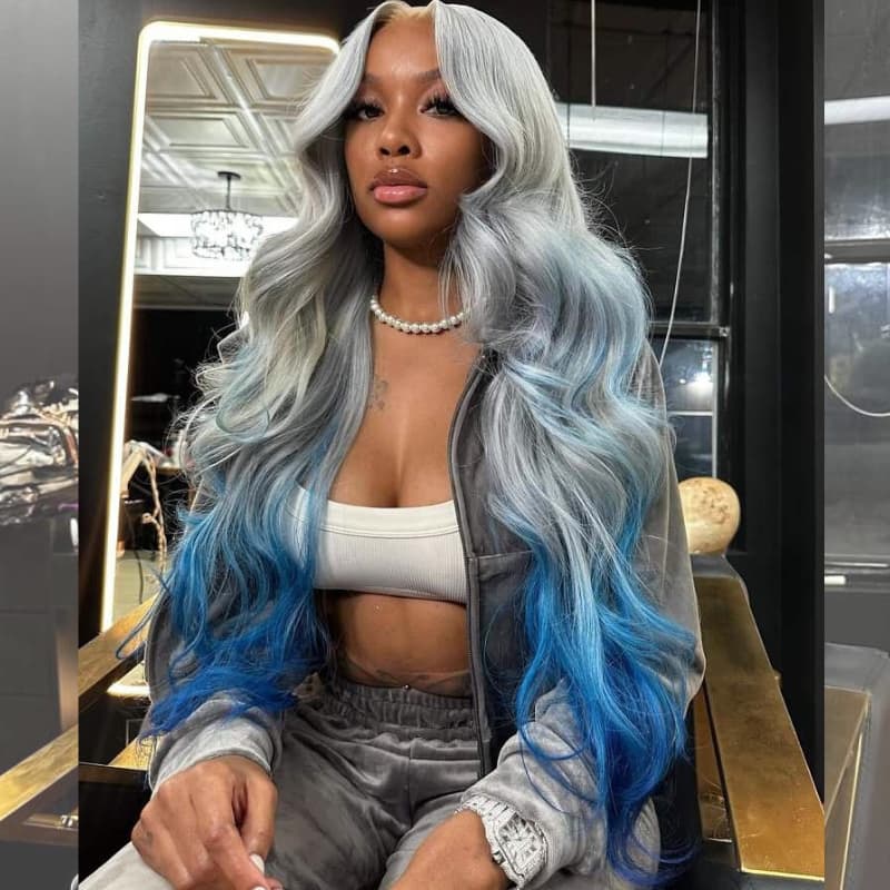 SWAY Ombre Gray Blue Color 13x4 HD Lace Front Virgn Human Hair Wigs