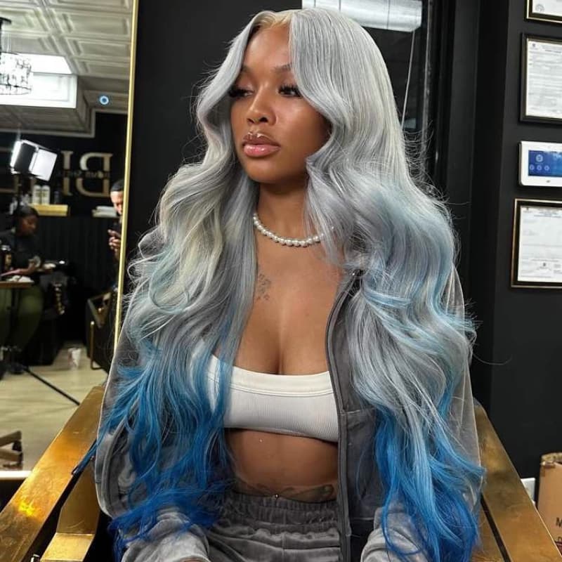 SWAY Ombre Gray Blue Color 13x4 HD Lace Front Virgn Human Hair Wigs