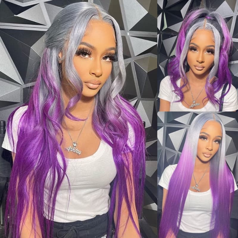 SWAY Ombre Gray Purple 200 Density 13x4 Lace Front Remy Human Hair Wig