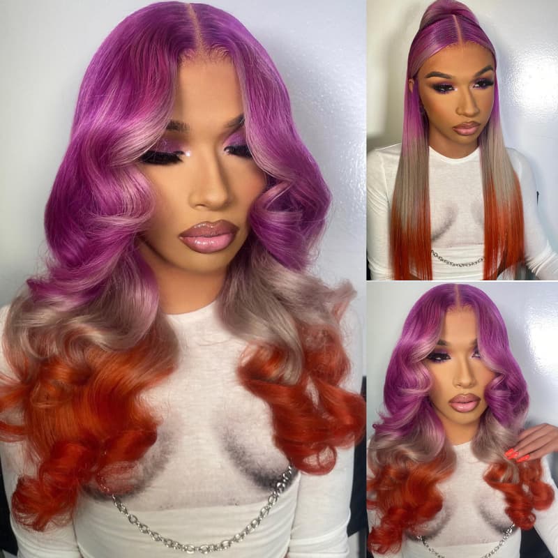 SWAY Ombre Purple Gray Ginger 200 Density Lace Front Human Hair Wigs