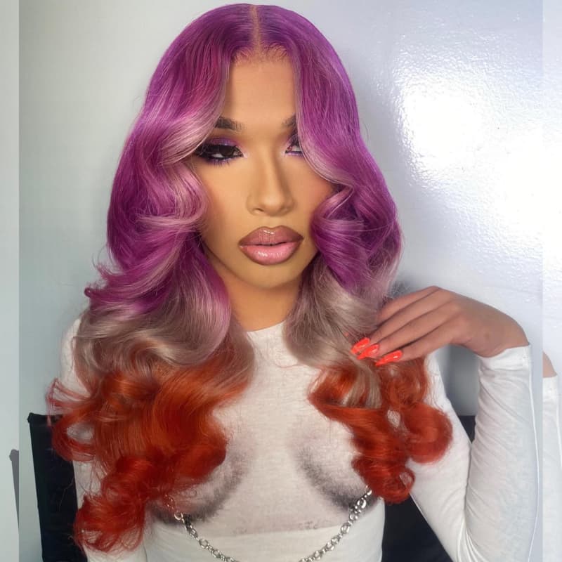 SWAY Ombre Purple Gray Ginger 200 Density Lace Front Human Hair Wigs