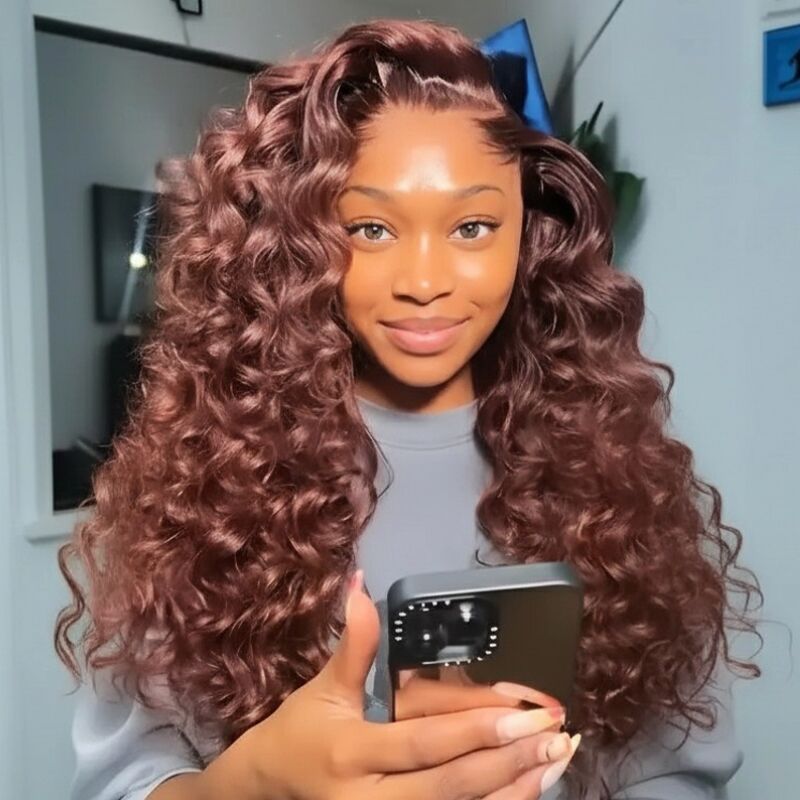 SWAY 250 300 Density Brown Wand Curls 13x4 Lace Front Human Hair Wigs