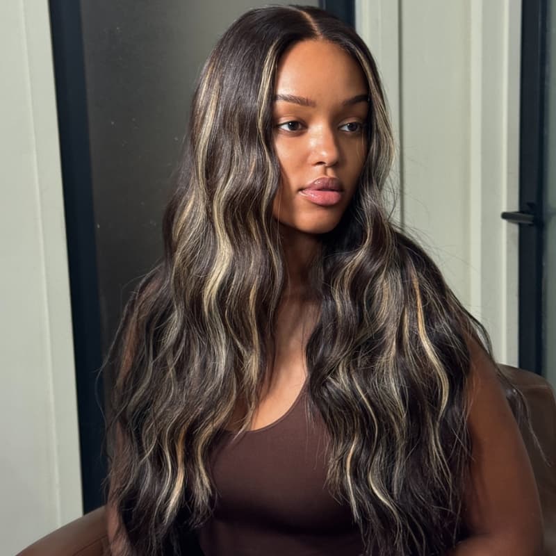 SWAY Balayage Black Brown Highlights 13x4 Lace Front Virgin Human Hair Wigs 200 Density