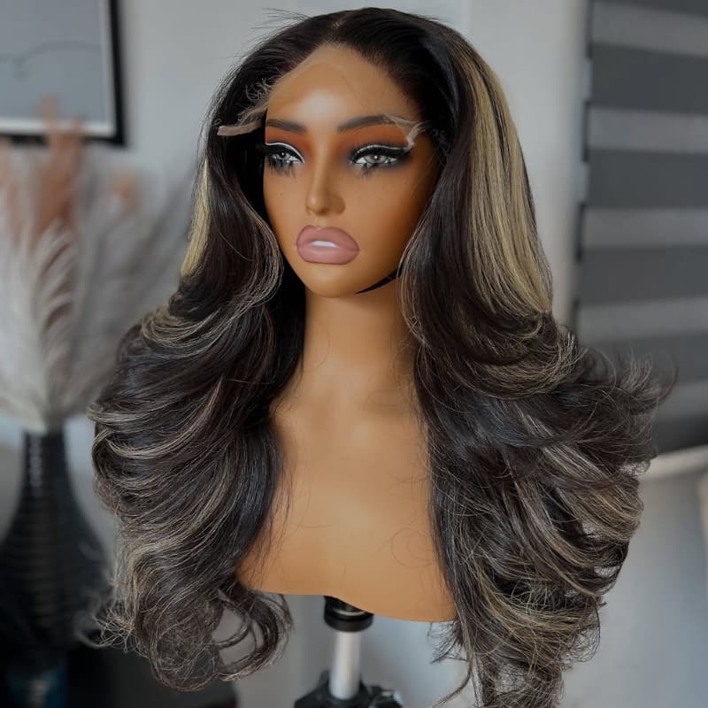 SWAY Balayage Black With Brown Highlights 250 300 Density 13x4 Lace Front Human Hair Wigs