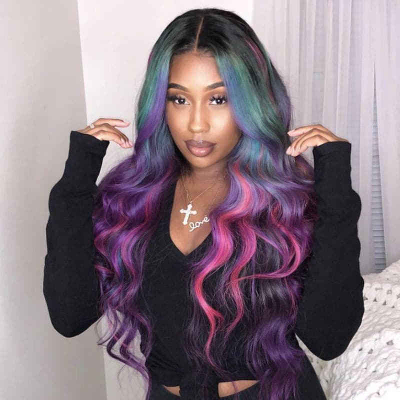 SWAY Black With Blue Green Purple Pink Highlight Dark Roots 13x4 Lace Front Virgin Human Hair Wigs