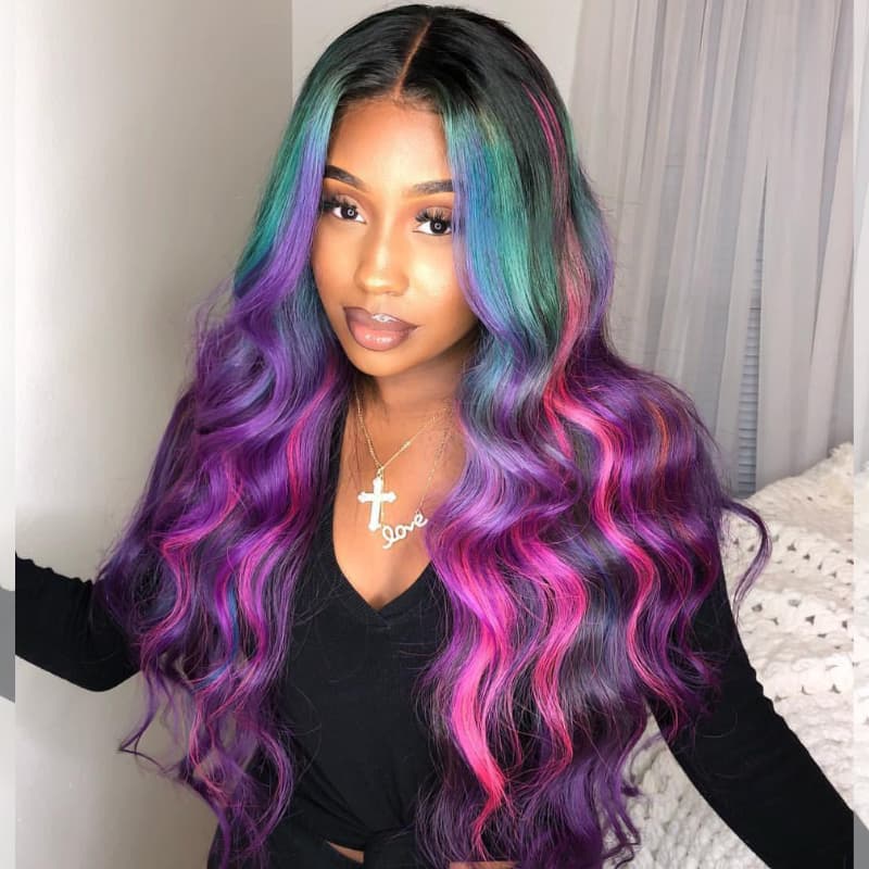 SWAY Black With Blue Green Purple Pink Highlight Dark Roots 13x4 Lace Front Virgin Human Hair Wigs