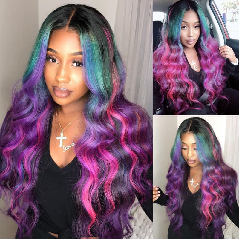 SWAY Black With Blue Green Purple Pink Highlight Dark Roots 13x4 Lace Front Virgin Human Hair Wigs