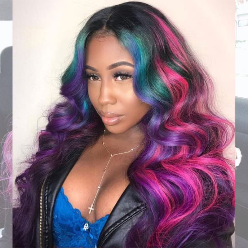 SWAY Black With Blue Green Purple Pink Highlight Dark Roots 13x4 Lace Front Virgin Human Hair Wigs