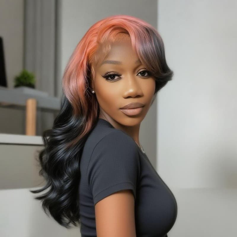 SWAY Black With Peach Pink Roots 13x4 Lace Front Virgin Human Hair Wigs