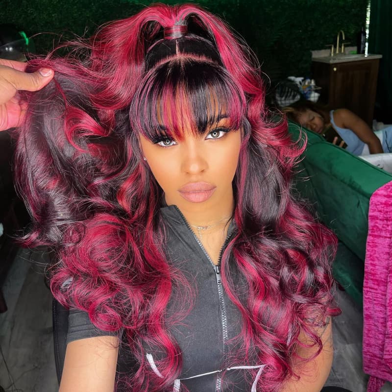 SWAY Black With Red Highlight Streak Bangs Virgin Remy Human Hair Wigs