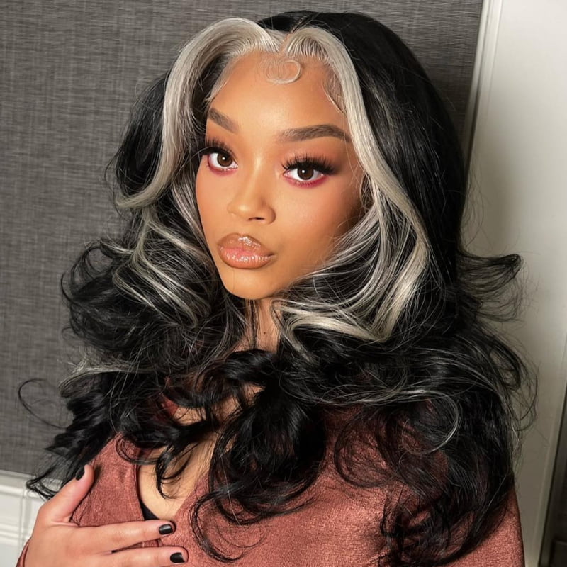 SWAY Black with Blonde Skunk Stripe 13x4 Lace Front Virgin Human Wigs