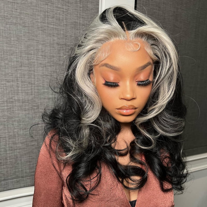SWAY Black with Blonde Skunk Stripe 13x4 Lace Front Virgin Human Wigs
