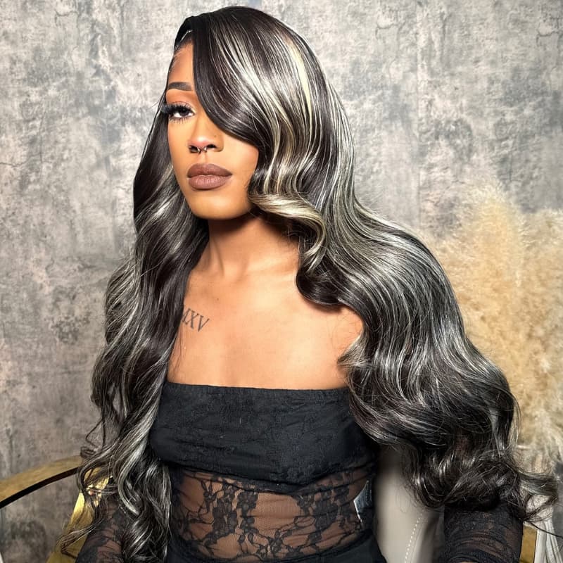 SWAY Black with Silver Grey Brown Highlights 13x4 Lace Front Virgin Human Hair Wigs