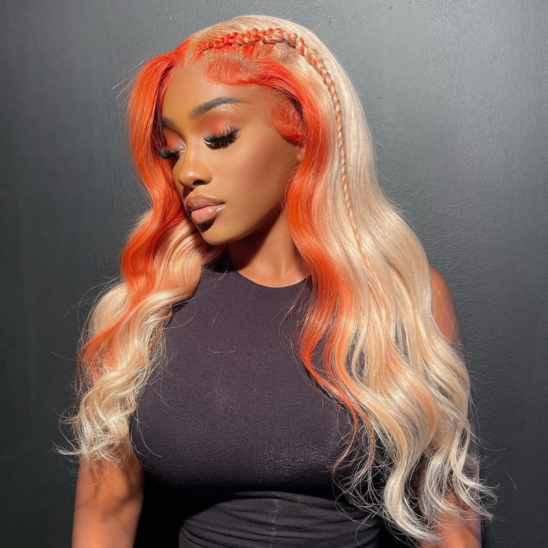 SWAY Blonde with Orange Skunk Stripe 13x4 Lace Front Virgin Human Wigs