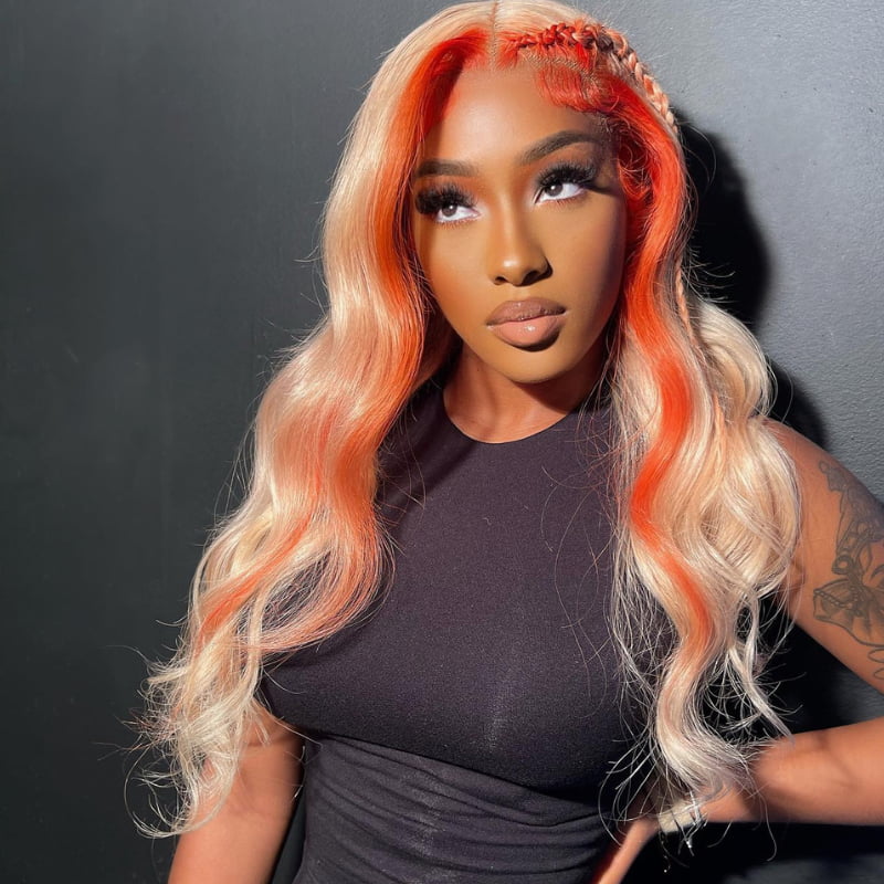 SWAY Blonde with Orange Skunk Stripe 13x4 Lace Front Virgin Human Wigs