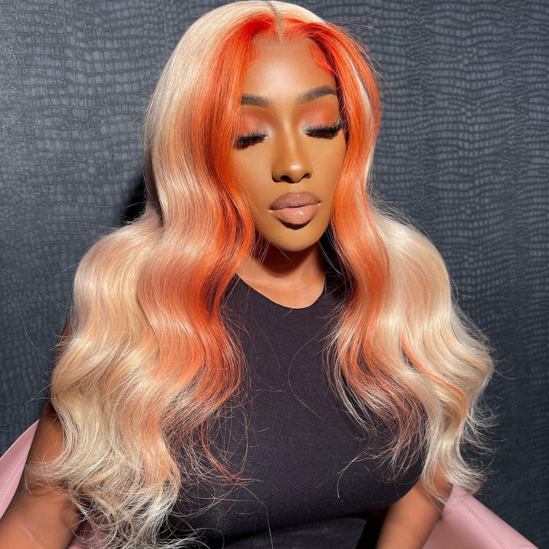 SWAY Blonde with Orange Skunk Stripe 13x4 Lace Front Virgin Human Wigs