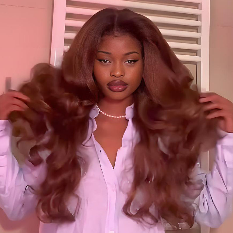 SWAY Brown Curtain Bangs Full Body & Natural Wave 13x4 Lace Front Human Hair Wigs