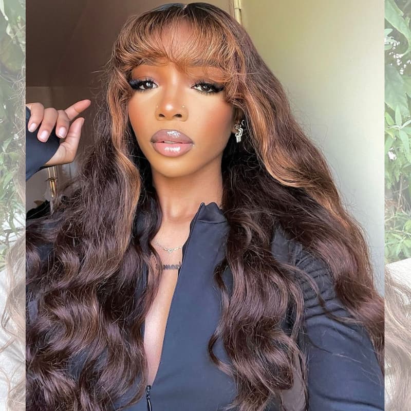 SWAY Brown Highlight With Bangs 13x4 Lace Front Virgin Human Hair Wigs