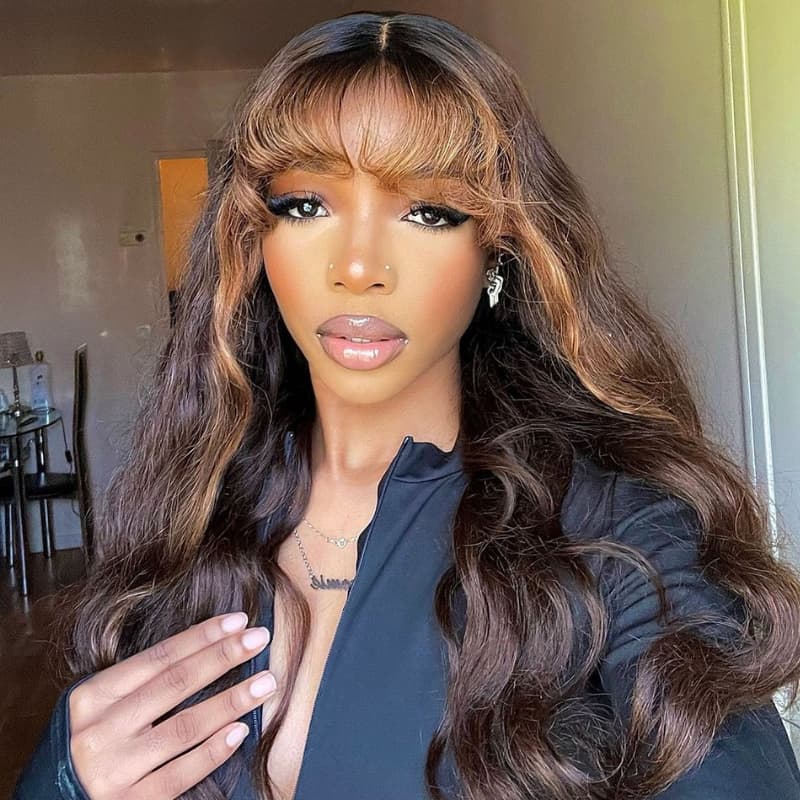 SWAY Brown Highlight With Bangs 13x4 Lace Front Virgin Human Hair Wigs