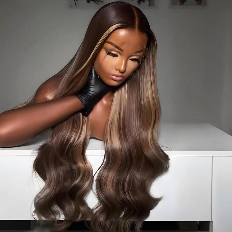 SWAY Brown Honey Blonde Highlights Wavy 13x4 Lace Front Human Hair Wigs