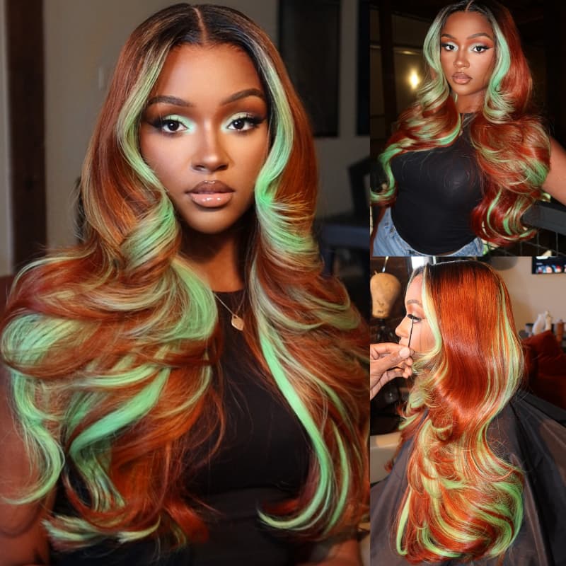 SWAY Copper Red Brown With Pastel Green Skunk Stripe Highlight Streaks 13x4 Lace Front Human Hair Wigs
