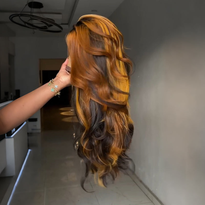Pelucas de cabello humano SWAY rubio miel con reflejos marrones, 13x4 HD, con encaje frontal