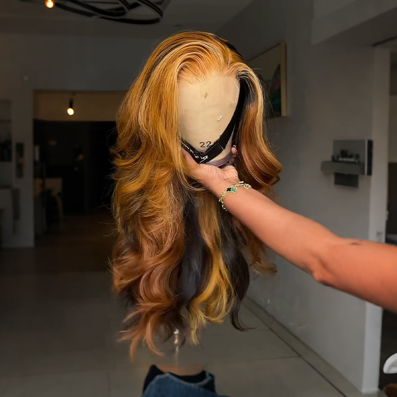 Pelucas de cabello humano SWAY rubio miel con reflejos marrones, 13x4 HD, con encaje frontal