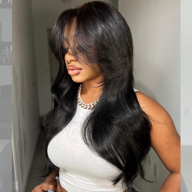 SWAY Natural Black Curtain Bangs 13x4 HD Lace Frontal Human Hair Wigs