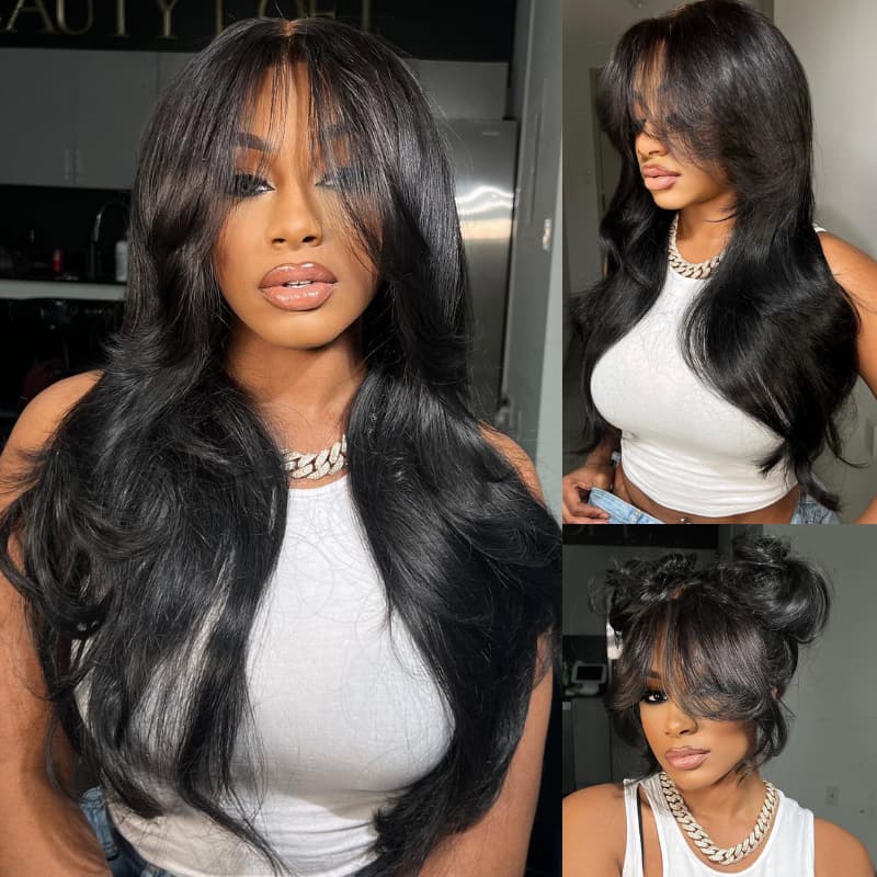 SWAY Natural Black Curtain Bangs 13x4 HD Lace Frontal Human Hair Wigs