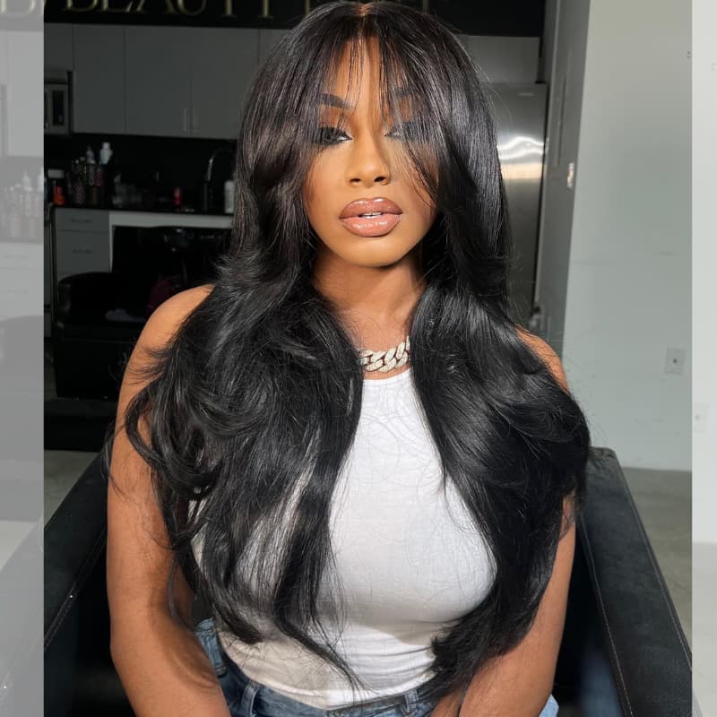 SWAY Natural Black Curtain Bangs 13x4 HD Lace Frontal Human Hair Wigs