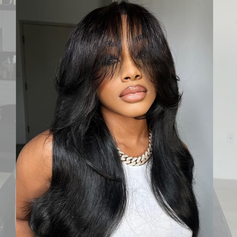 SWAY Natural Black Curtain Bangs 13x4 HD Lace Frontal Human Hair Wigs