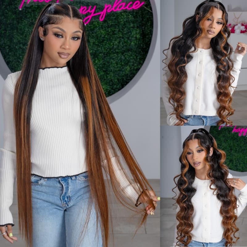 SWAY Ombre Black Brown Skunk Stripe 42 40 38 36 34 32 30 inch Knee Length Long 13x4 Lace Front Human Hair Wigs