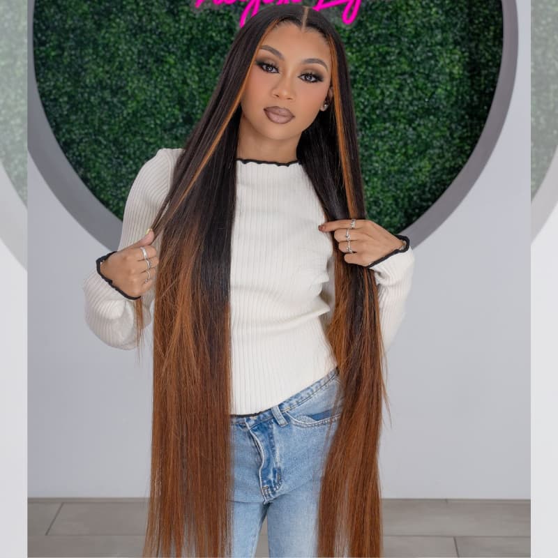 SWAY Ombre Black Brown Skunk Stripe 42 40 38 36 34 32 30 inch Knee Length Long 13x4 Lace Front Human Hair Wigs