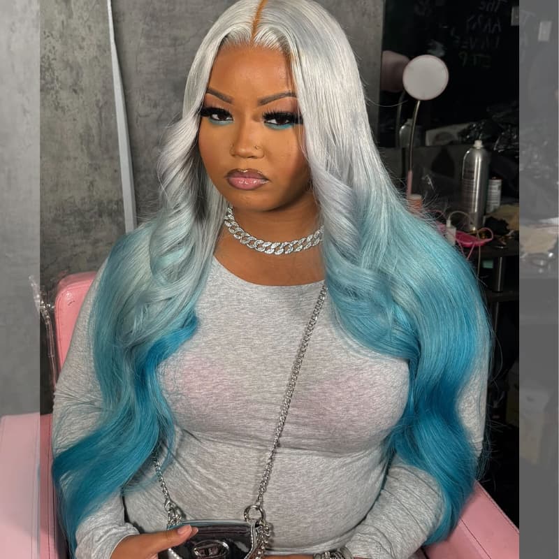 SWAY Ombre Silver Gray Blue Wavy 13x4 Lace Front Virgin Human Hair Wigs 200 Density