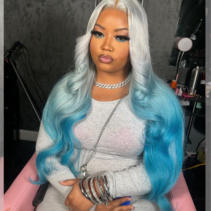 SWAY Ombre Silver Gray Blue Wavy 13x4 Lace Front Virgin Human Hair Wigs 200 Density