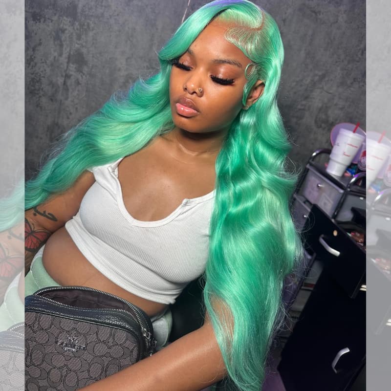 SWAY Silver Gray Pastel Green Wavy 13x4 Lace Front Virgin Human Hair Wigs 200 Density