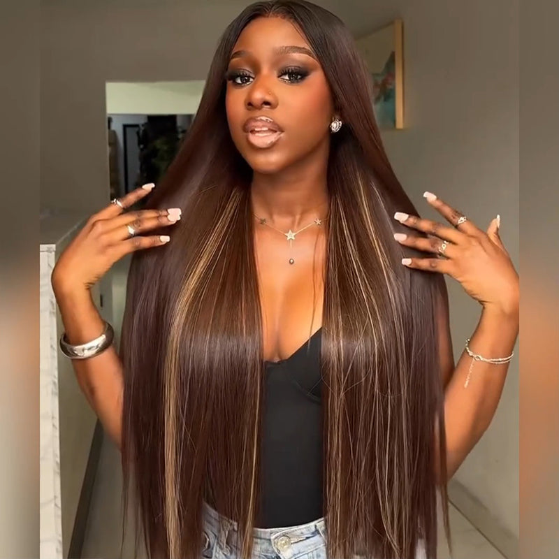 Pelucas de cabello humano SWAY rubio miel con reflejos marrones, 13x4 HD, con encaje frontal