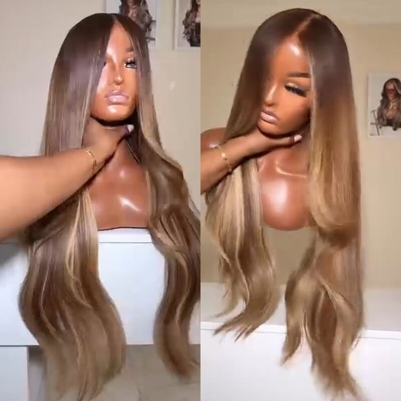 Pelucas de cabello humano SWAY rubio miel con reflejos marrones, 13x4 HD, con encaje frontal