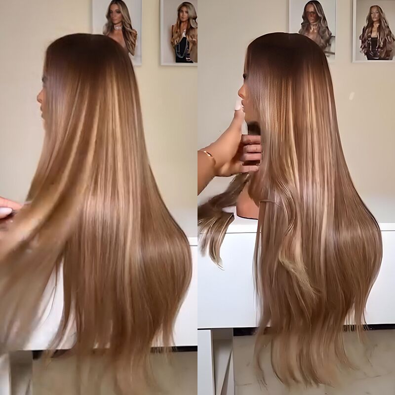 Pelucas de cabello humano SWAY rubio miel con reflejos marrones, 13x4 HD, con encaje frontal