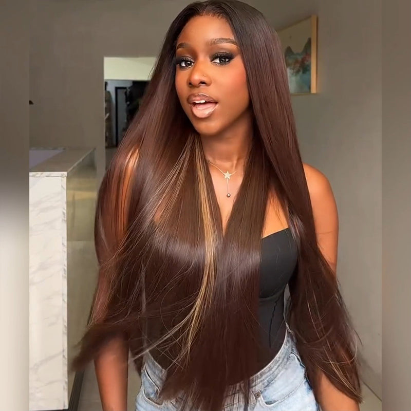 Pelucas de cabello humano SWAY rubio miel con reflejos marrones, 13x4 HD, con encaje frontal