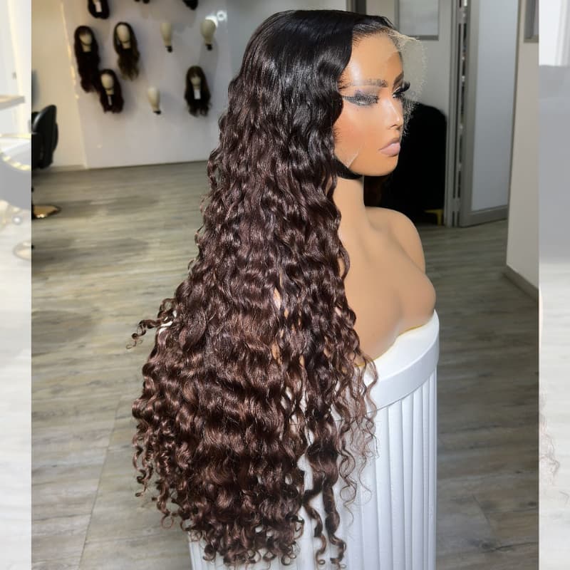 SWAY Ombre Brown Dark Roots Burmese Curly 13x4 Lace Front Human Hair Wig 250 300 Density