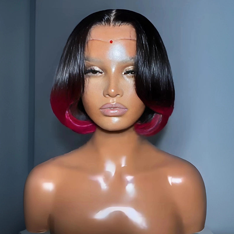 SWAY Short Bob Pixie Cut Ombre Black 99J Red Straight 13x4 Lace Front Human Hair Wigs