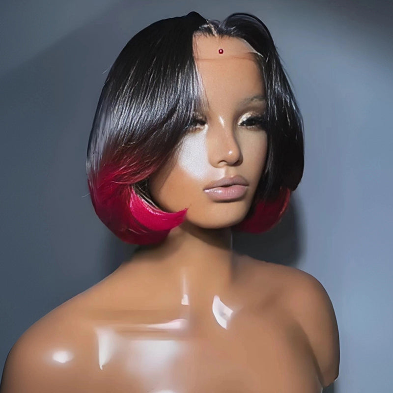 SWAY Short Bob Pixie Cut Ombre Black 99J Red Straight 13x4 Lace Front Human Hair Wigs
